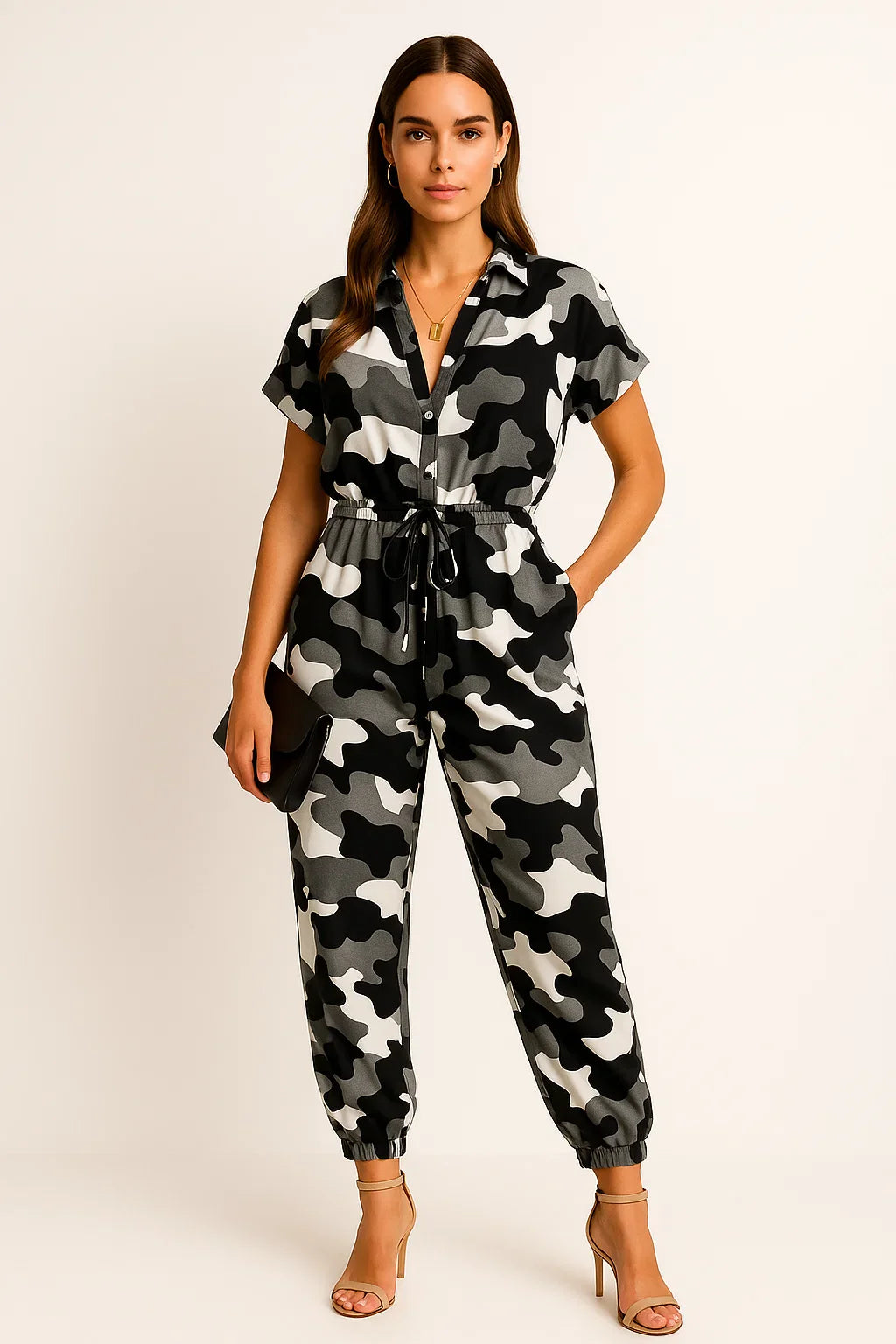Geknöpfter Jumpsuit mit Schnürgürtel