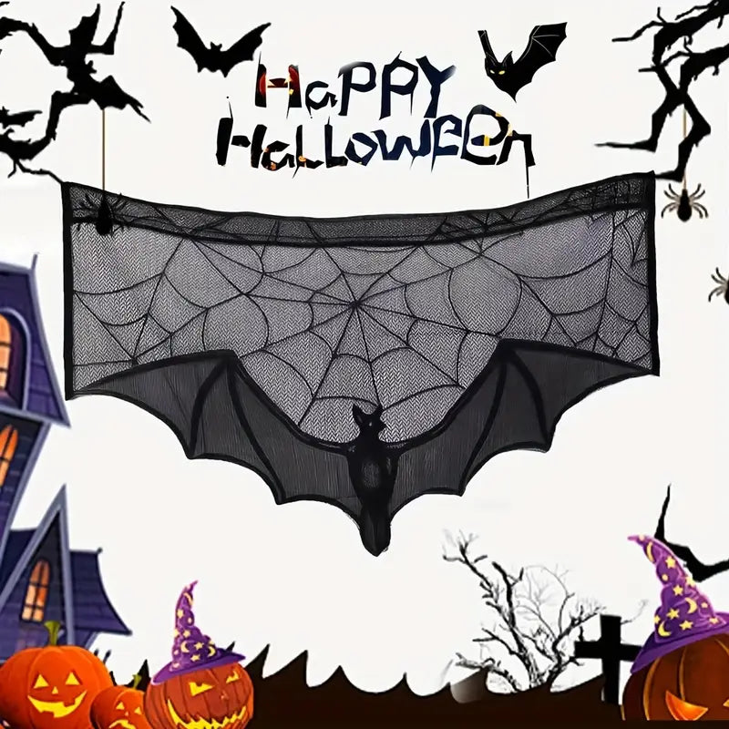 GothicLace Halloween Spitzen-Deko – Schwarzer Überwurf mit Fledermaus & Spinnennetz