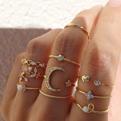 10-teilige Bohemische Ringen-Set – Silberne & Goldene Tinten