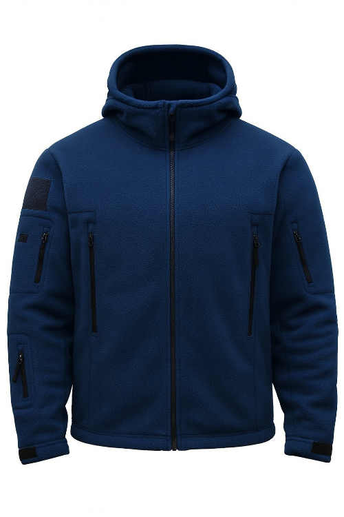 Herren Fleecejacke mit Kapuze, Mehreren Reißverschlusstaschen und Durchgehendem Frontverschluss