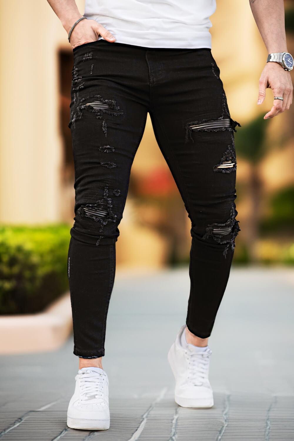 Schwarze Zerrissene Herren Skinny Jeans