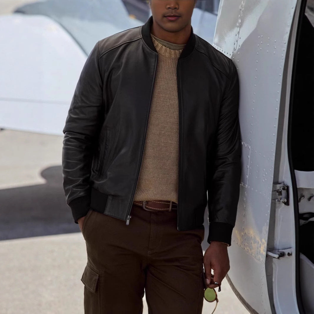 Herren elegante Lederjacke im Biker-Stil mit modischem Stehkragen Aliams