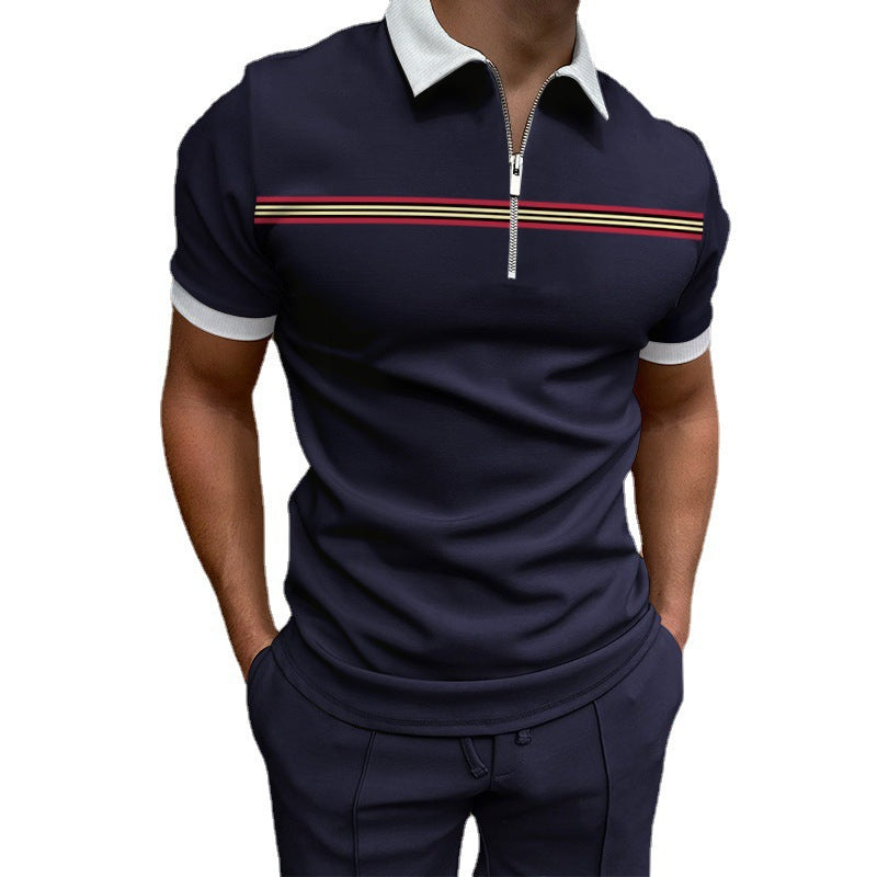 Herren lässiges Kurzarmpoloshirt mit Reißverschluss und sportlichem Streifenmuster Aliams