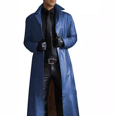 Herren eleganter Kunstledermantel mit doppeltem Knopfverschluss Aliams