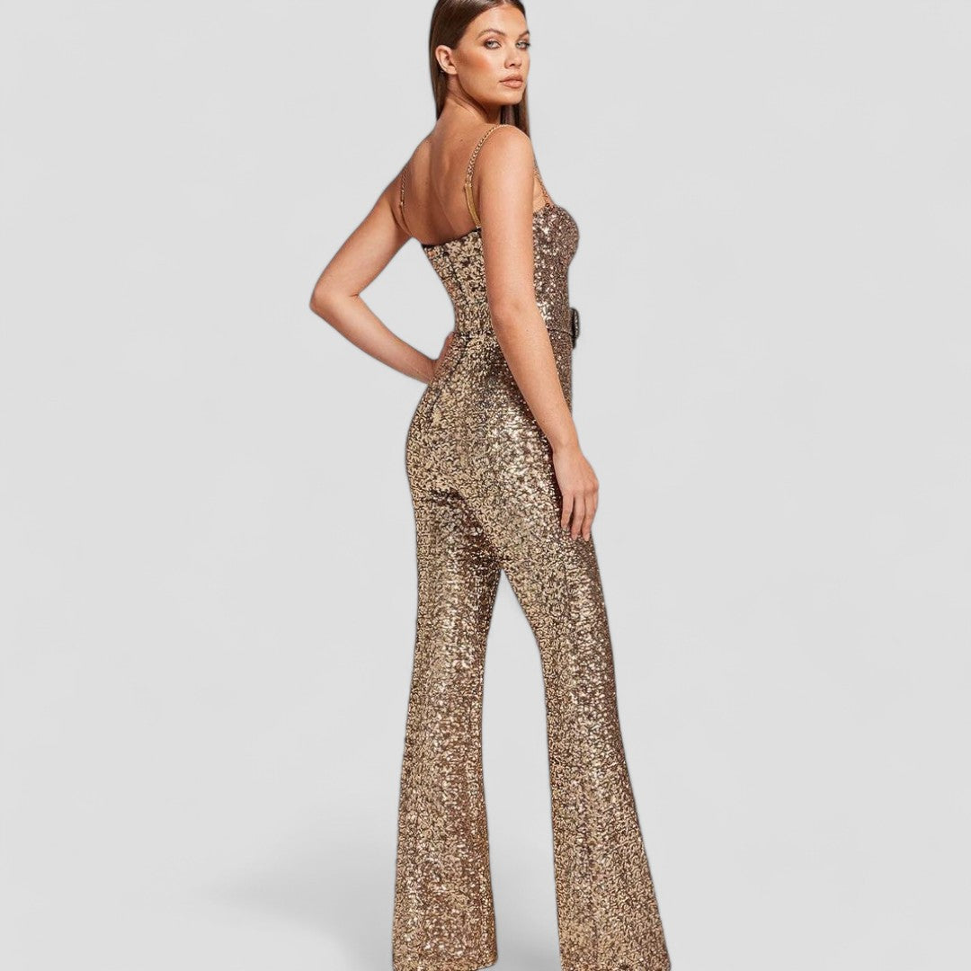 Damen Jumpsuit mit Pailletten, taillierter Schnitt und ausgestelltem Bein für festliche Anlässe