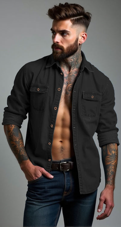 Herren lässige Denim-Hemdjacke mit zwei aufgesetzten Taschen Aliams