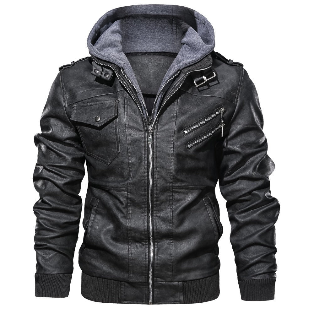 Herren Lederjacke mit Kapuze und Taschen