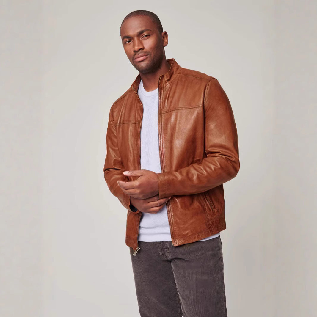 Herren hochwertige Lederjacke im modernen Biker-Stil mit praktischem Stehkragen Aliams