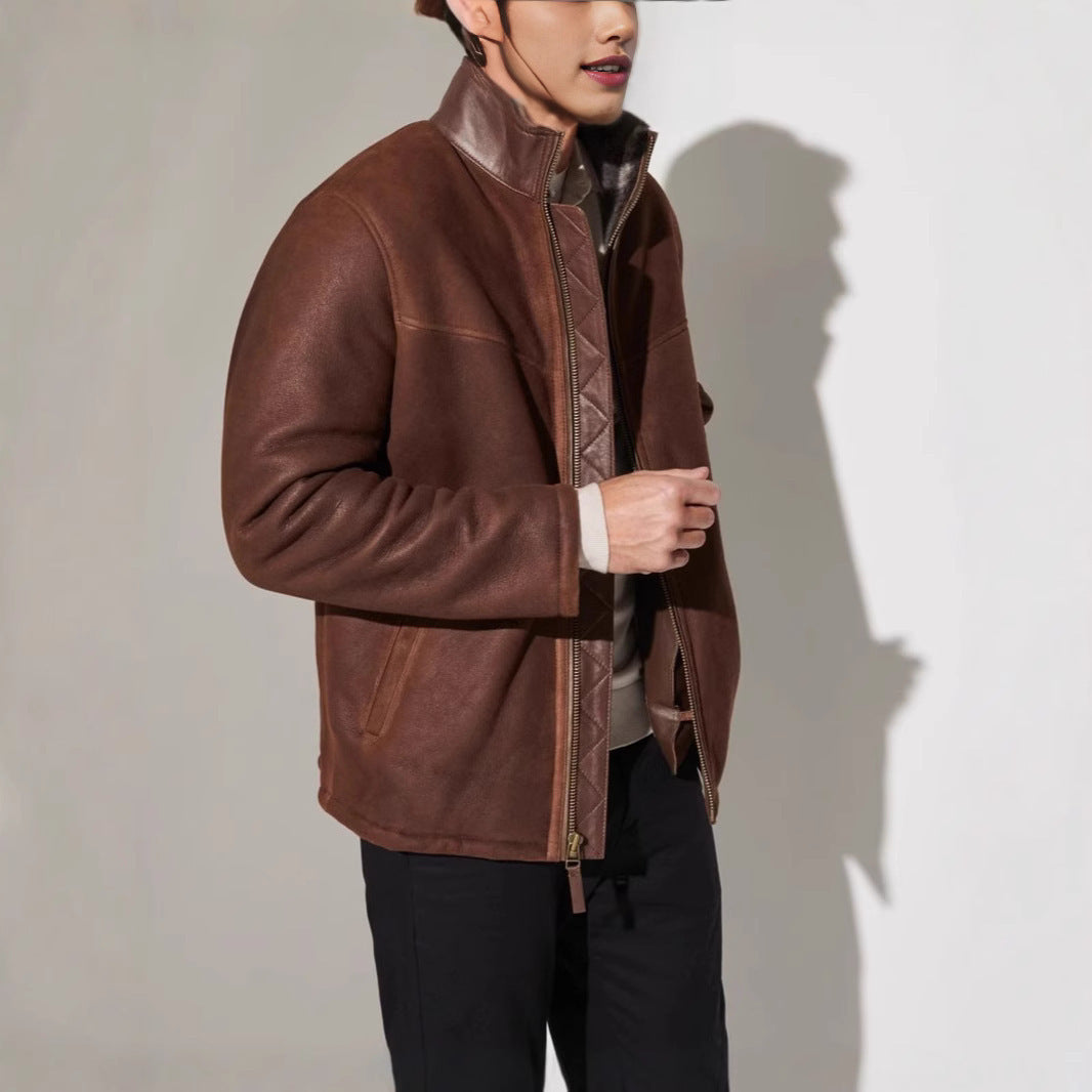 Herren Robuste Lederjacke mit Steppdetails und hohem Kragen Aliams