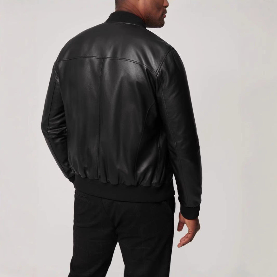 Herren elegante Lederjacke im Biker-Stil mit modischem Stehkragen Aliams