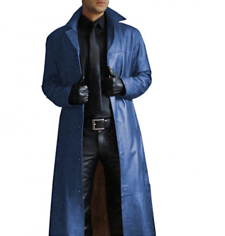 Herren eleganter Kunstledermantel mit doppeltem Knopfverschluss Aliams