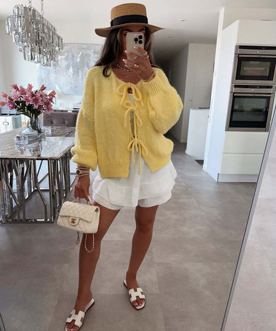 Einfarbiger Rundhals-Lace-Up-Cardigan