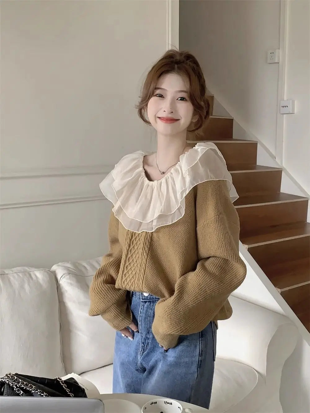 Stilvoller Strickpullover mit Rüschenkragen für Damen