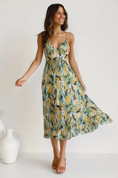 Isla | Midi Dress with Sunset Brushstroke Design