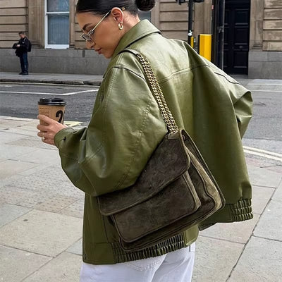 Armeegrün Übergroße Lederjacke