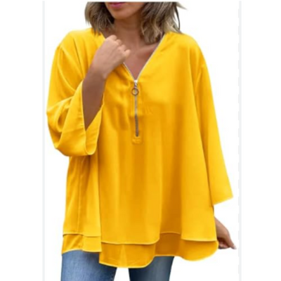 Damen Oberteil Mit Halbem Reißverschluss Und V Ausschnitt | Langarm