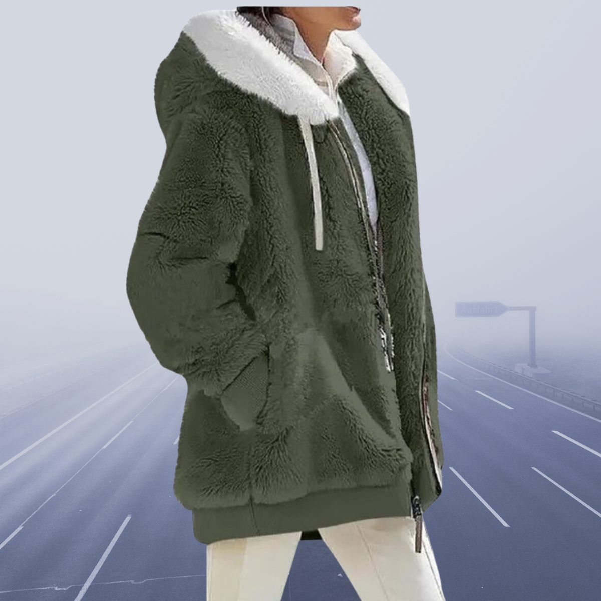 Flauschige Zip-up-Jacke mit Kapuze für Damen