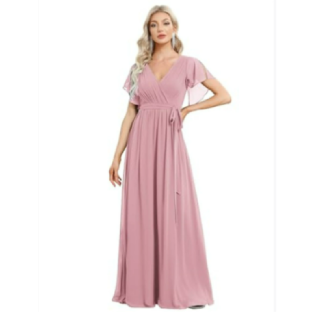 Damen V-Ausschnitt Flatterärmel Kleid | Maxi