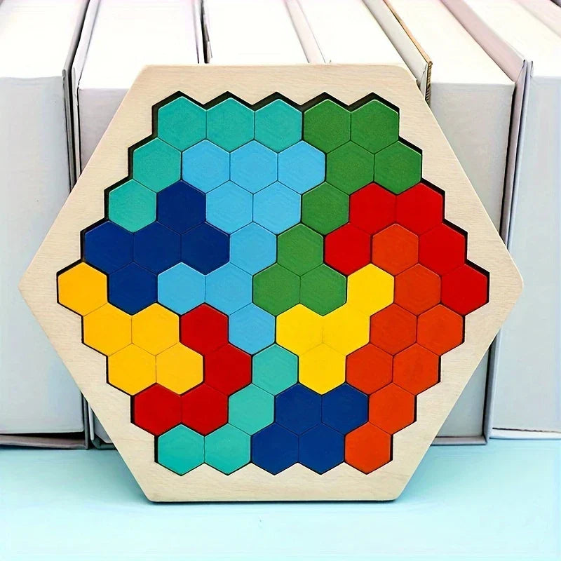 HexaFun 3D sechskantiges Holzpuzzlespiel – Pädagogisches STEM-Spielzeug für Kinder