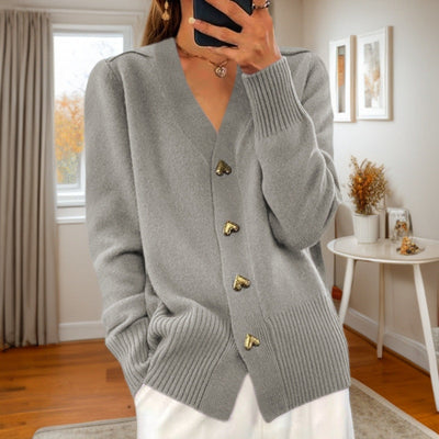 Lucy – V-Ausschnitt Strickpullover mit Liebe-Button, modischer, einfarbiger, langärmeliger Cardigan für den Frühling und Herbst