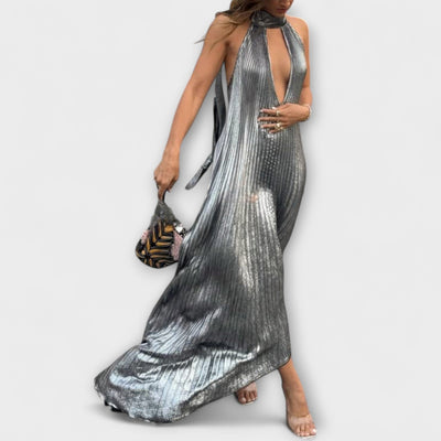 Calliope - Metallic Plissé A-Linien Maxikleid