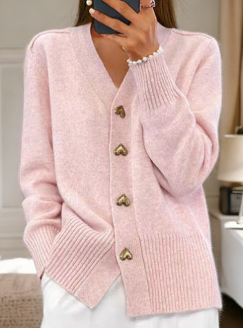 Lucy – V-Ausschnitt Strickpullover mit Liebe-Button, modischer, einfarbiger, langärmeliger Cardigan für den Frühling und Herbst