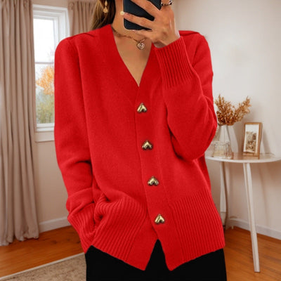 Lucy – V-Ausschnitt Strickpullover mit Liebe-Button, modischer, einfarbiger, langärmeliger Cardigan für den Frühling und Herbst