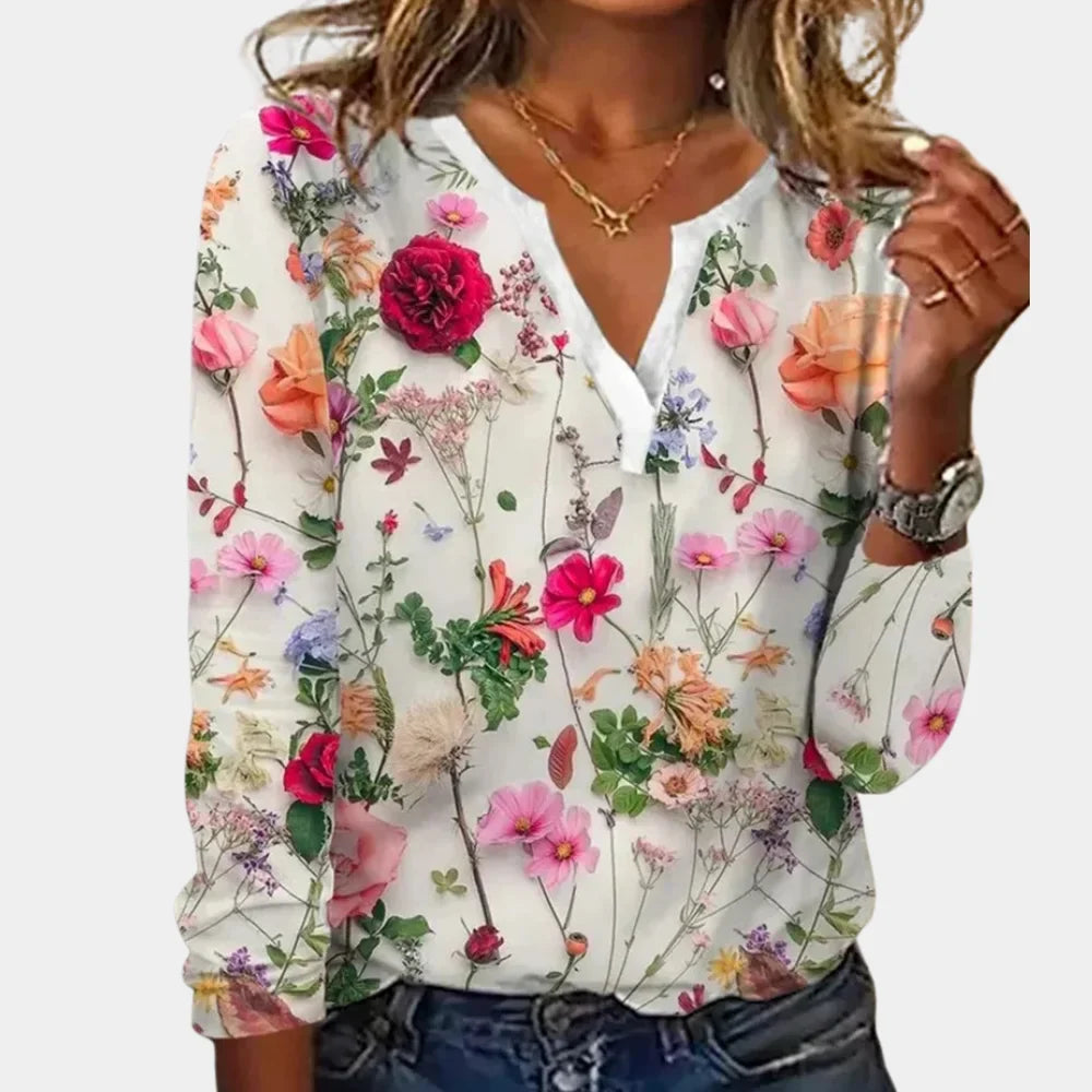 Damen Bluse mit floralem Muster und V-Ausschnitt