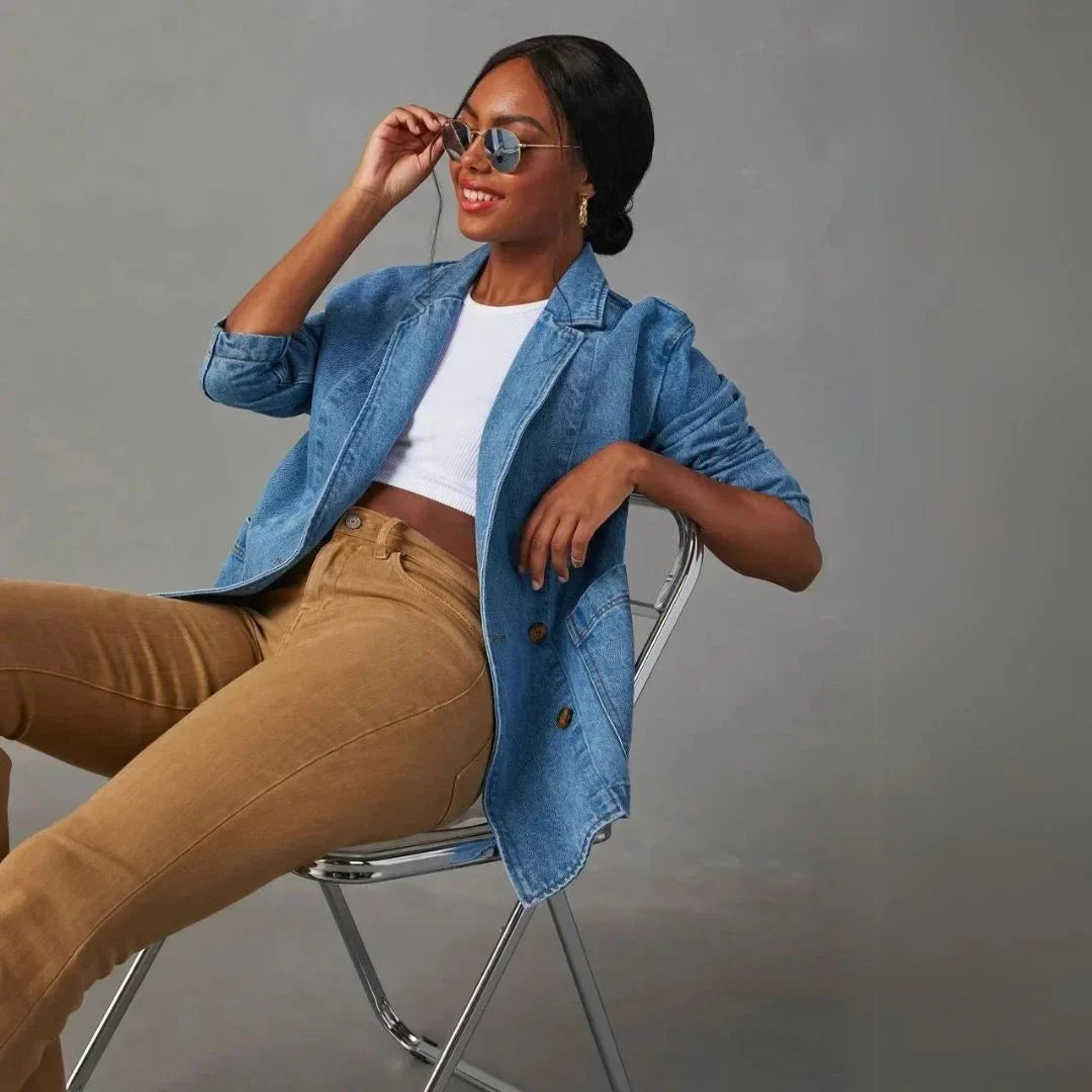 Damen Denim Blazer mit Taschen und Knopfdetails