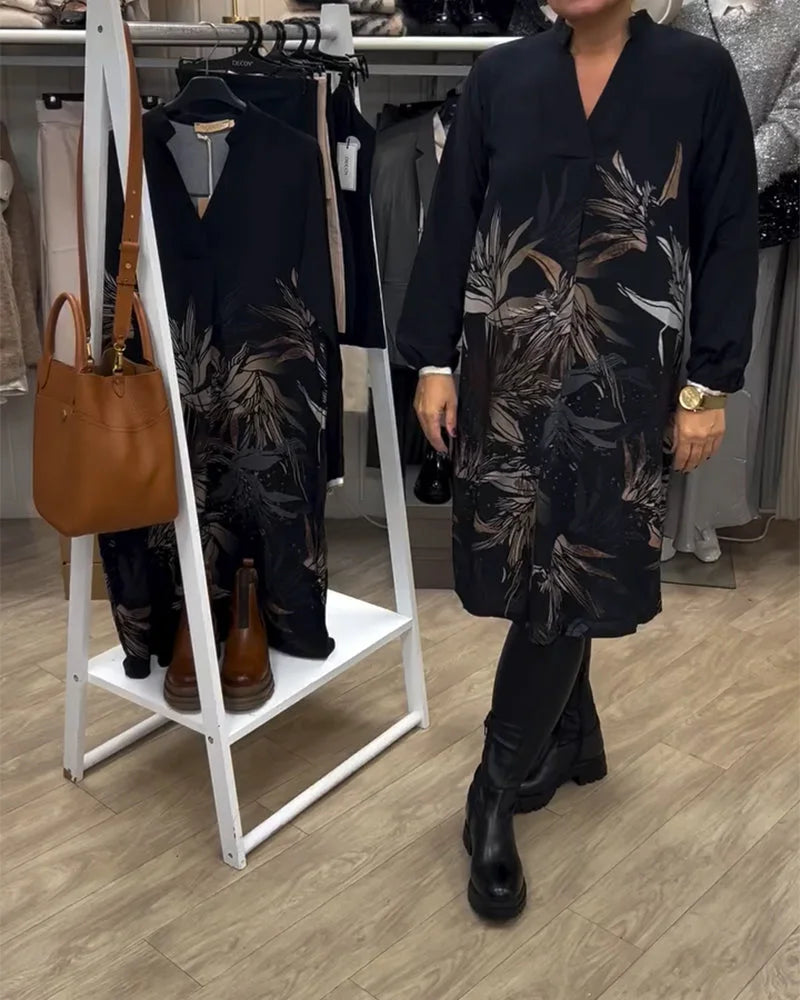 Damen Langarm Midikleid mit Blumenmuster in Schwarz