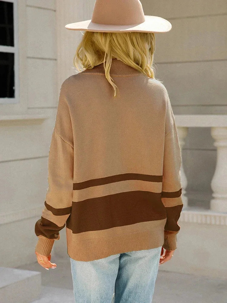 Damen Zip-Up Strickpullover mit Streifenmuster langärmelig