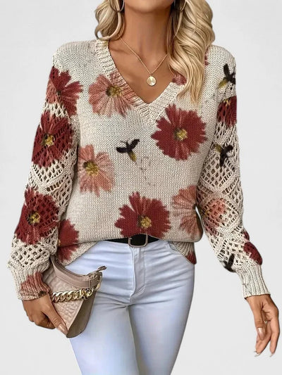 Damenpullover mit Floralmuster und V-Ausschnitt