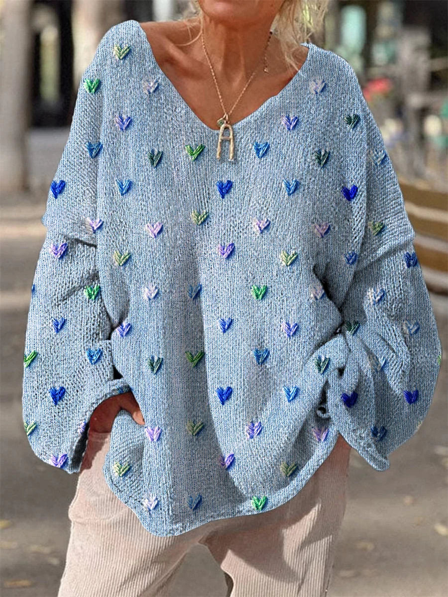 Damen Strickpullover mit bunten Herzmotiven und V-Ausschnitt