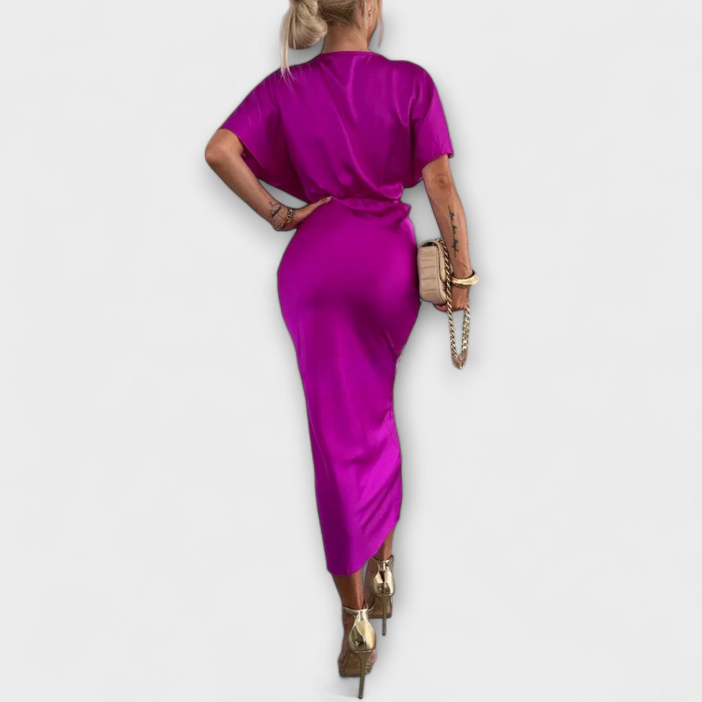 Sable - V-Ausschnitt Maxikleid mit Kreuzknoten und figurbetonter Passform aus hochwertigem Satin