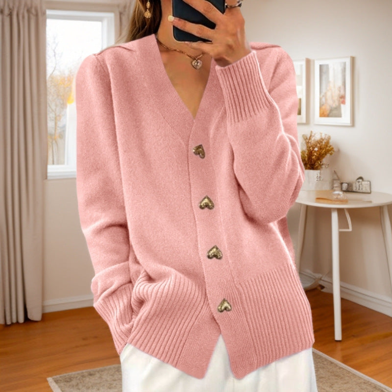 Lucy – V-Ausschnitt Strickpullover mit Liebe-Button, modischer, einfarbiger, langärmeliger Cardigan für den Frühling und Herbst