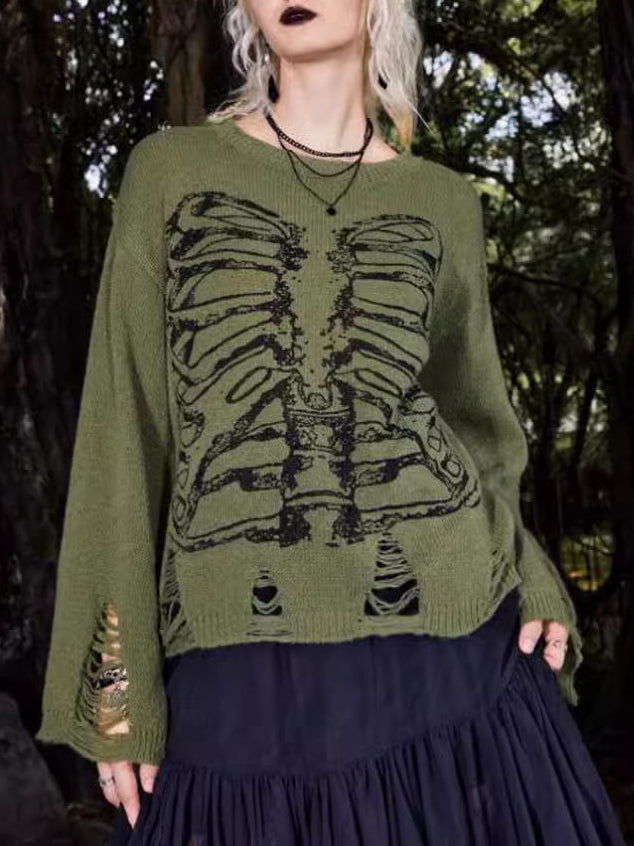 Halloween-Skelett Dunkler Stil Rissiger Langarm-Pullover