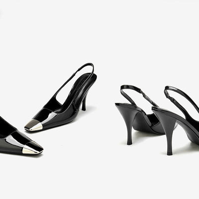 Lola - Moderne Metall Quadratische Zehe Lack Slingback High Heel Pumps