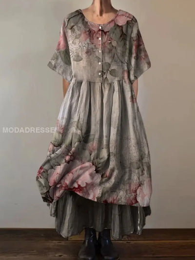 Retro Boho Blumenmuster Vintage Rundhals Kurzarm Midi Kleid