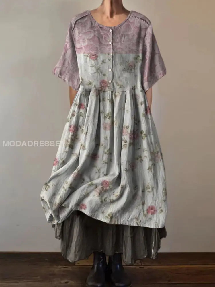 Retro Boho Blumenmuster Vintage Rundhals Kurzarm Midi Kleid