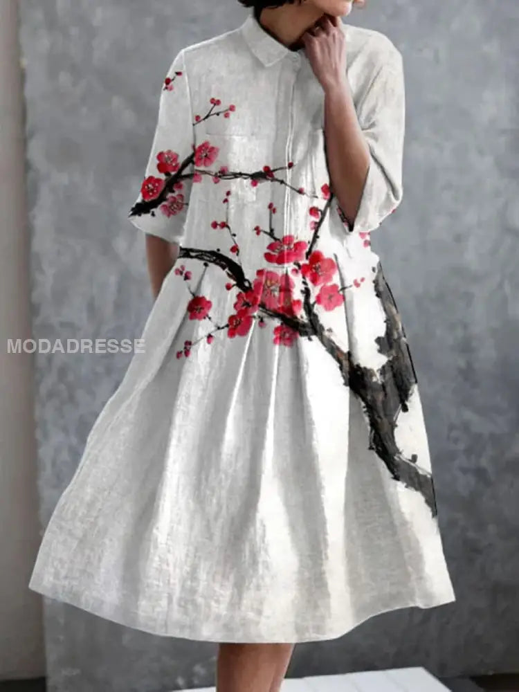 Vintage Rundhals Kurzarm Hemdkleid mit Retro Boho Blumenmuster